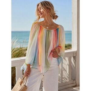 a.n.a Rainbow Stripe‎ Chiffon Off Shoulder Tiered Blouse Pastel S